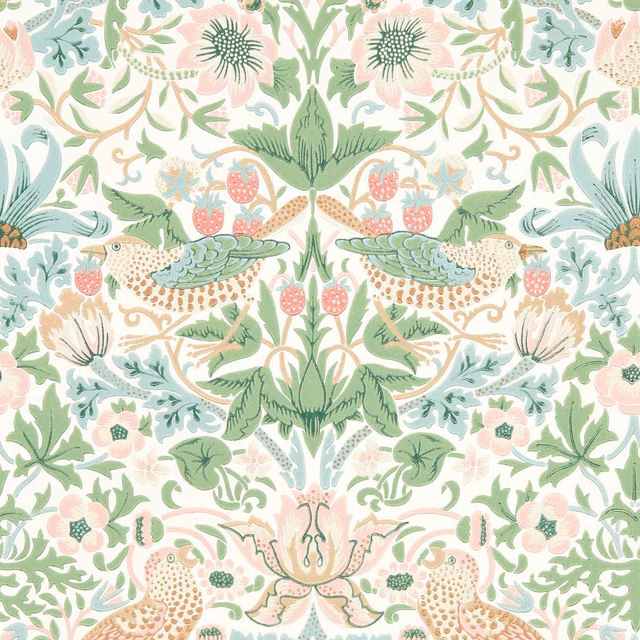 Cream wallpaper with dusty pink birds, strawberries, sage leaves and mirrored botanical motifs