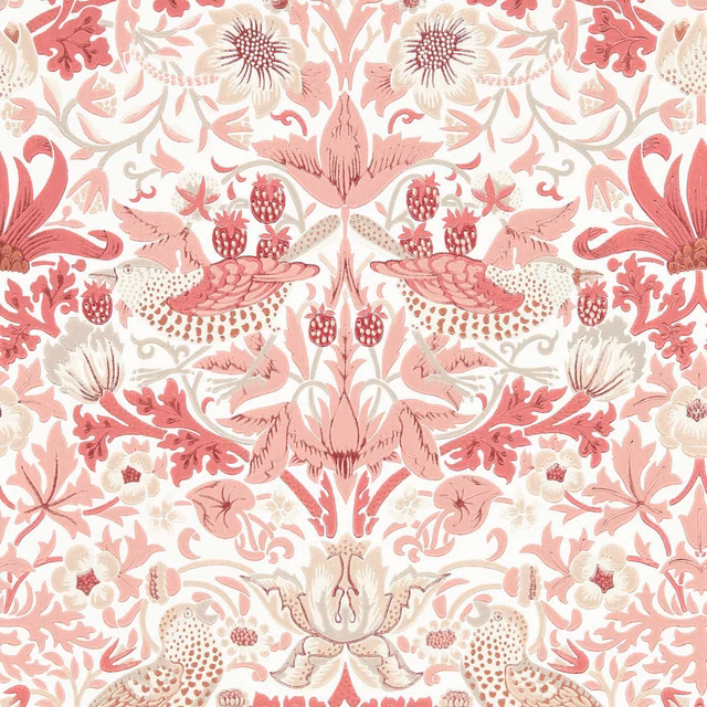 Blush pink and madder red floral wallpaper with birds and strawberries on cream