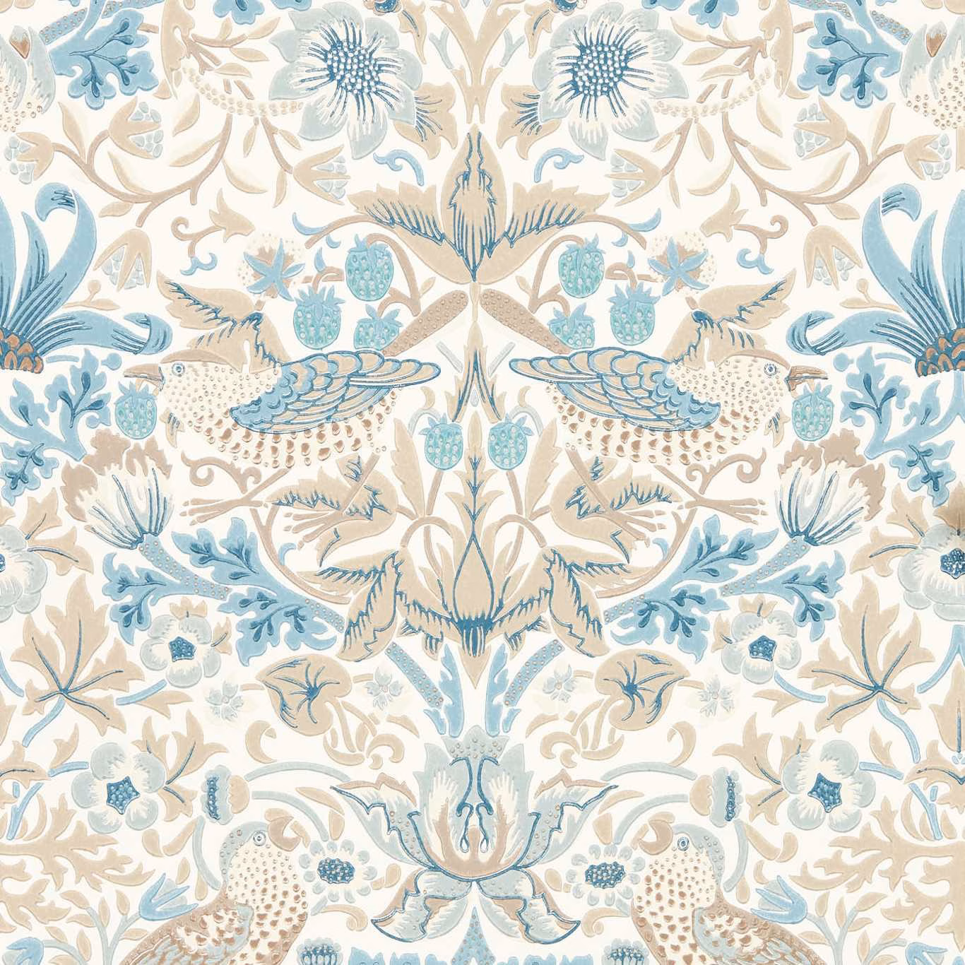 Slate-blue birds and foliage on a vellum ground with pale teal details