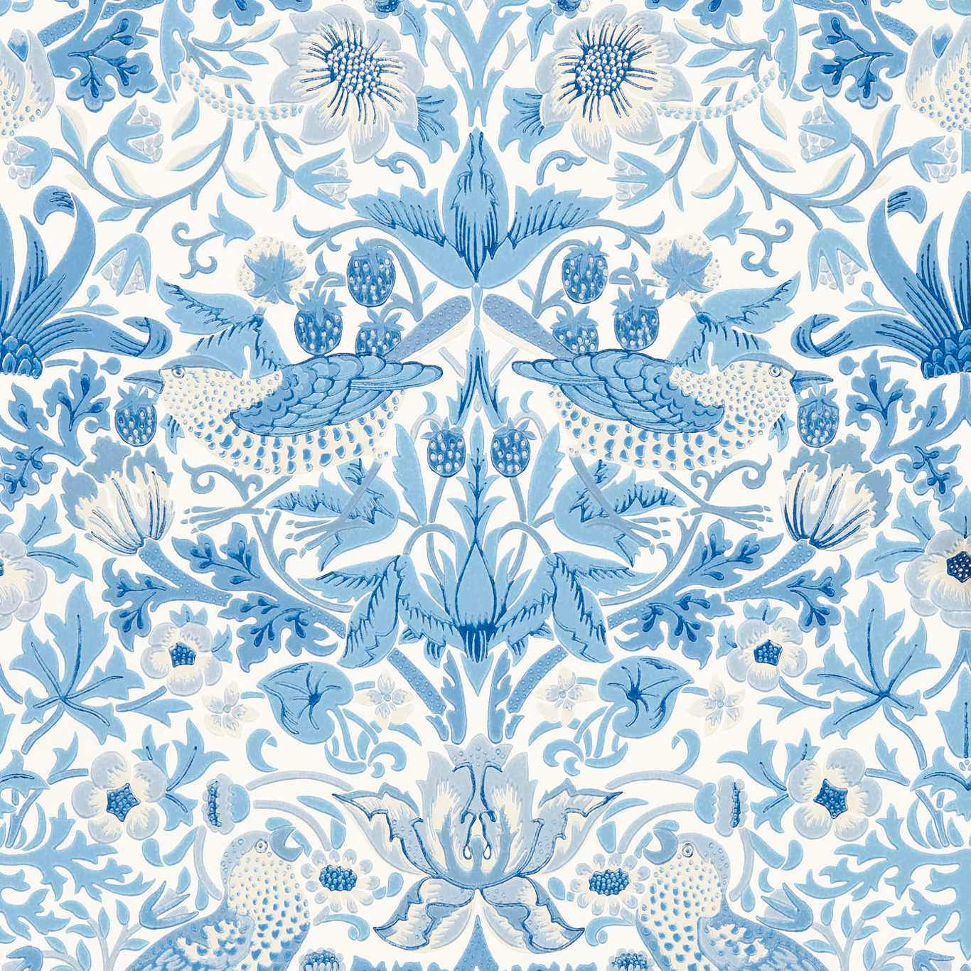Woad blue birds, strawberries and curling flowers on an ivory botanical wallpaper