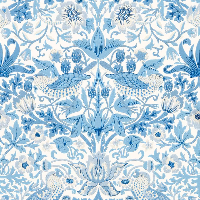 Woad blue birds, strawberries and curling flowers on an ivory botanical wallpaper