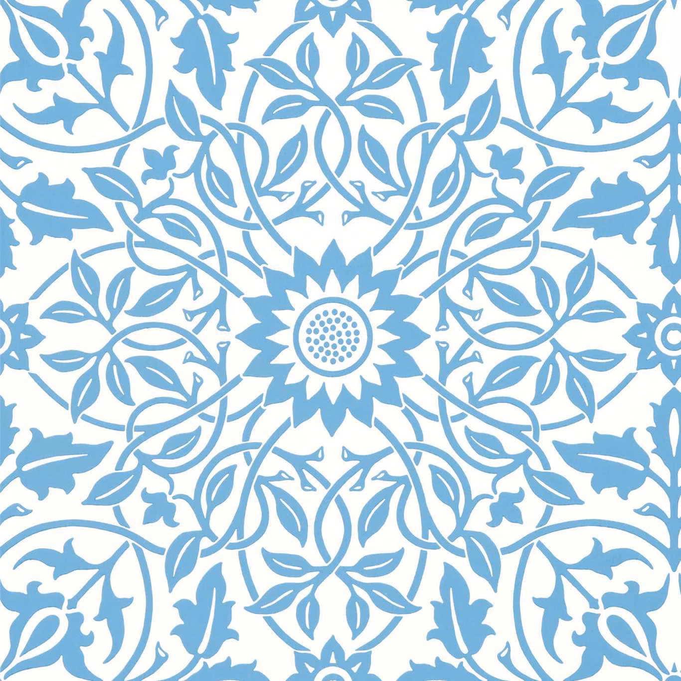 Cool china-blue botanical arabesque with white leaves and central flower medallion