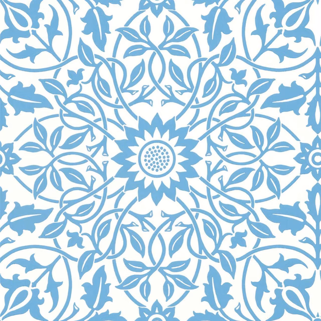 Cool china-blue botanical arabesque with white leaves and central flower medallion