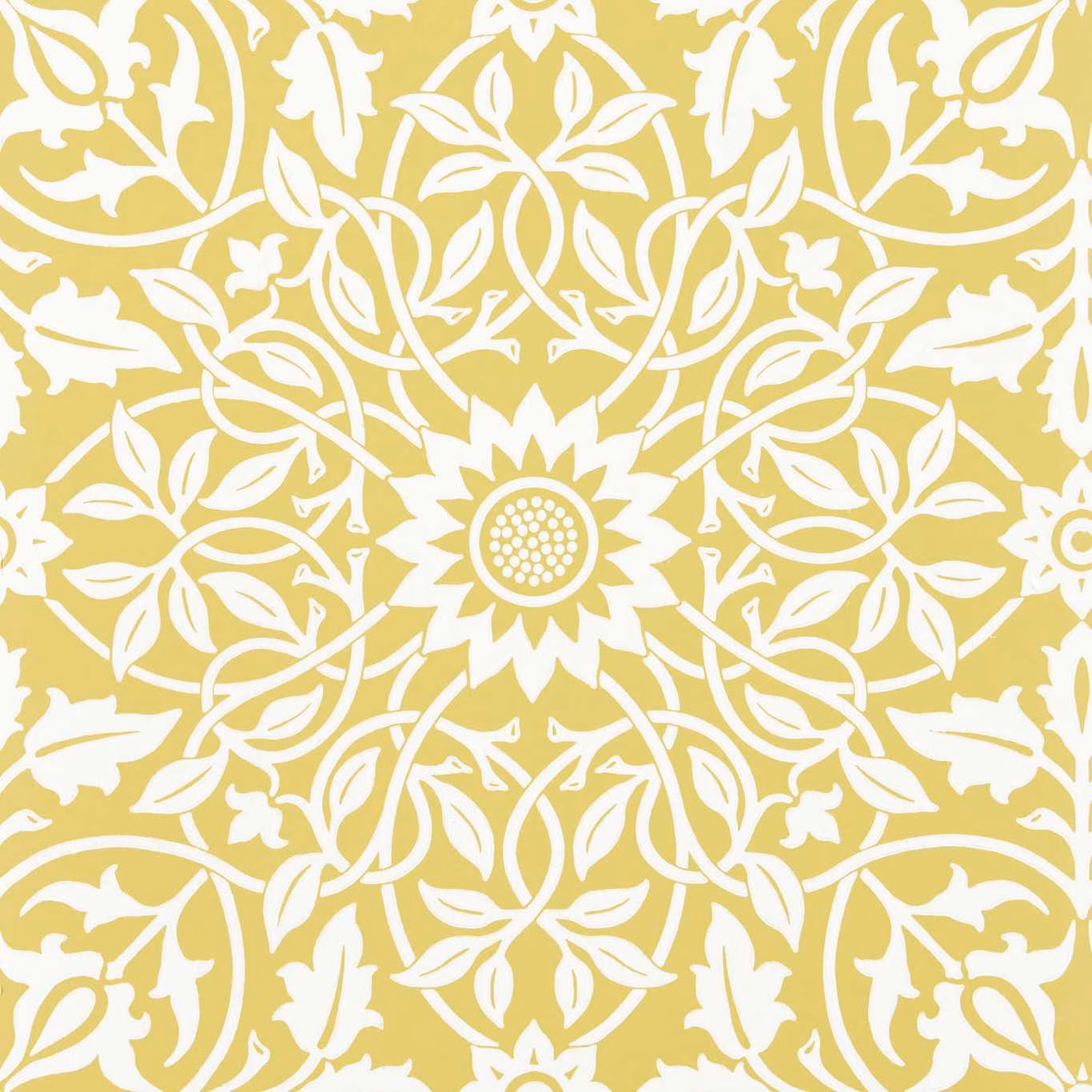 Soft sunflower-yellow wallpaper with white symmetrical vines, leaves and central sunflower motif