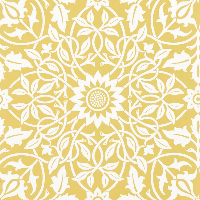Soft sunflower-yellow wallpaper with white symmetrical vines, leaves and central sunflower motif