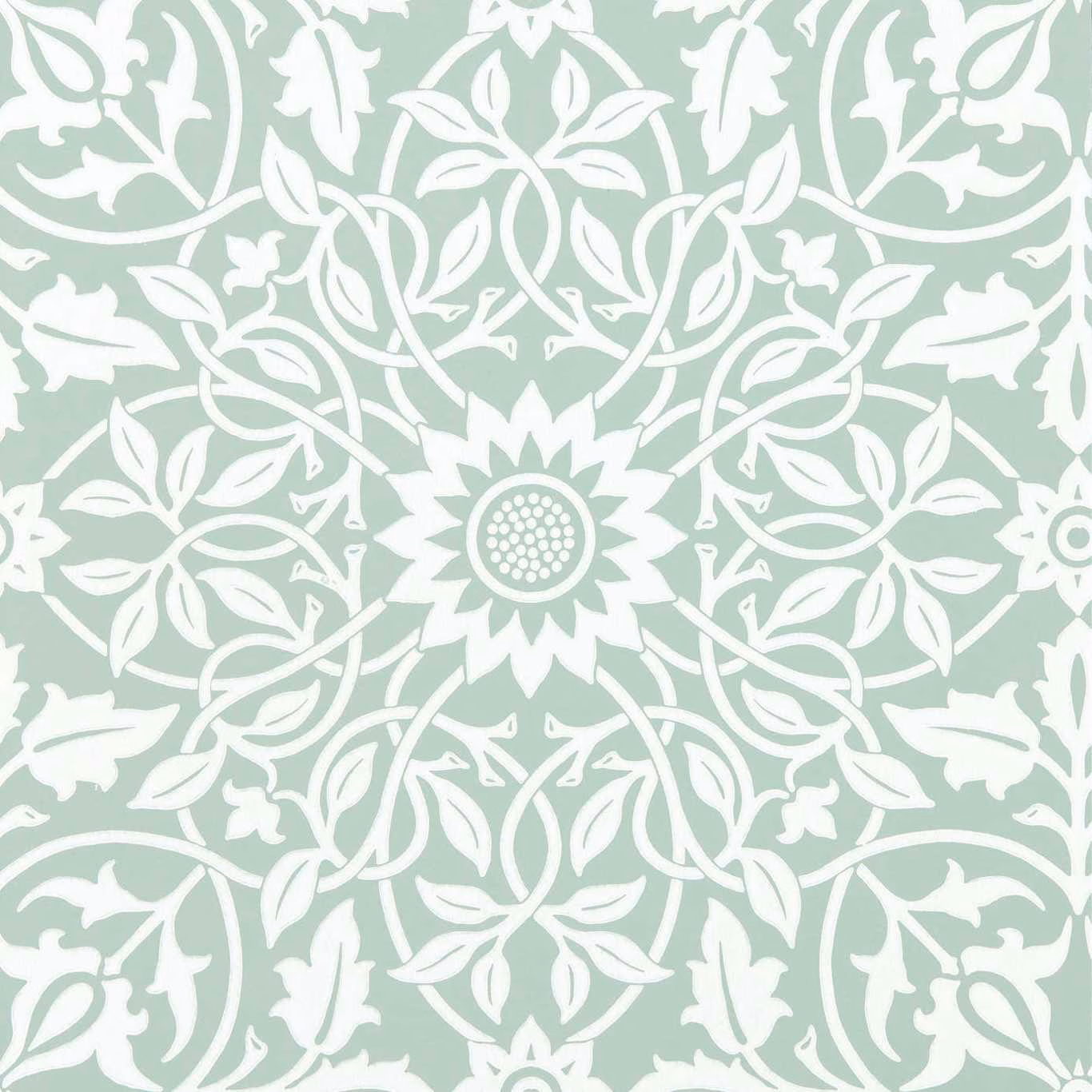 Pale sage wallpaper with white symmetrical vines, leaves and central floral medallion