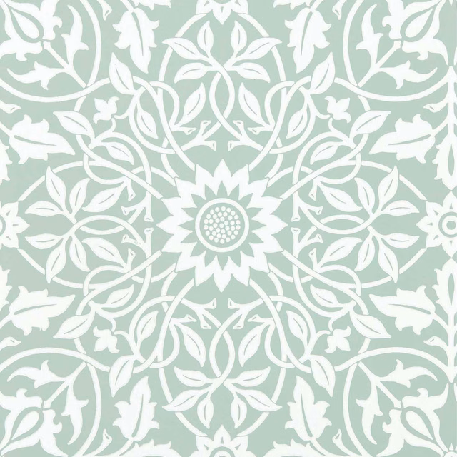 Pale sage wallpaper with white symmetrical vines, leaves and central floral medallion