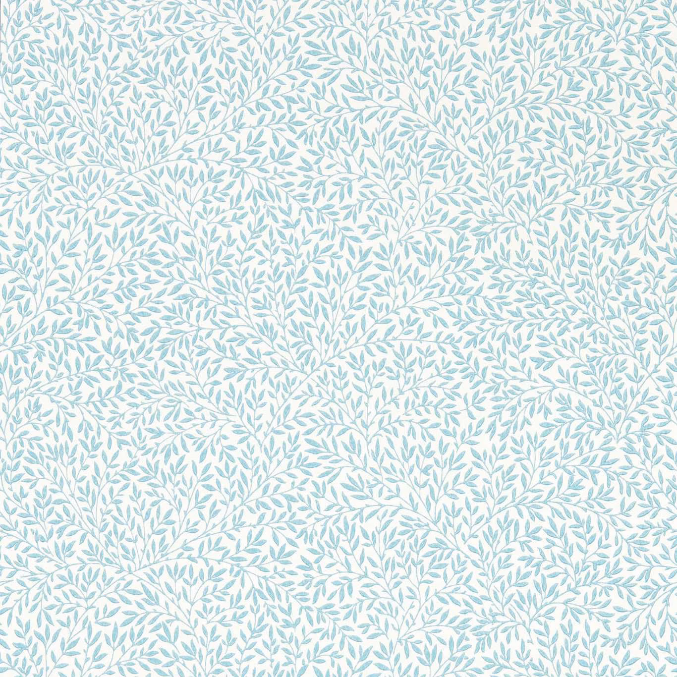 Pale seaglass wallpaper with fine aqua leafy branches on a soft white ground