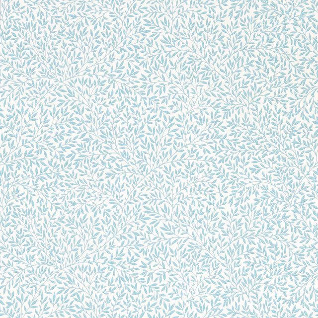 Pale seaglass wallpaper with fine aqua leafy branches on a soft white ground