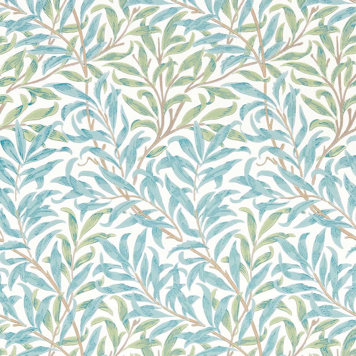 Seaglass teal and sage willow branches with tan stems on a cream wallpaper ground