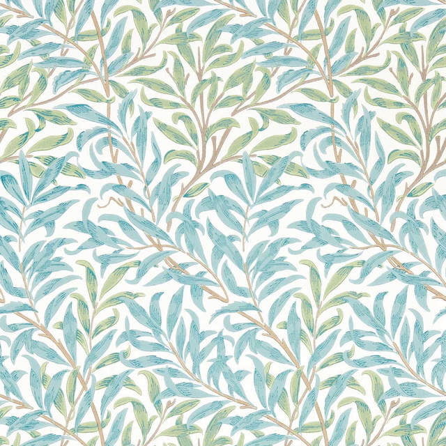 Seaglass teal and sage willow branches with tan stems on a cream wallpaper ground