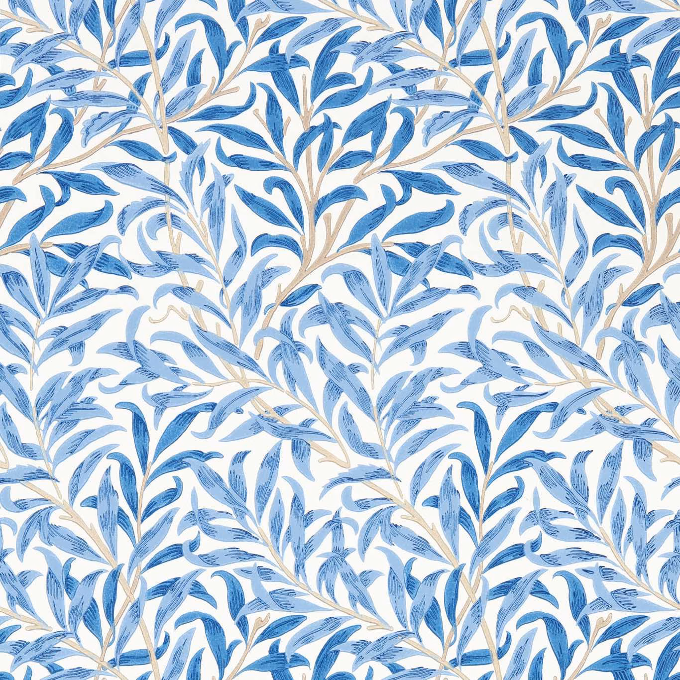 Woad-blue leafy branches with pale blue brush marks on a warm white ground