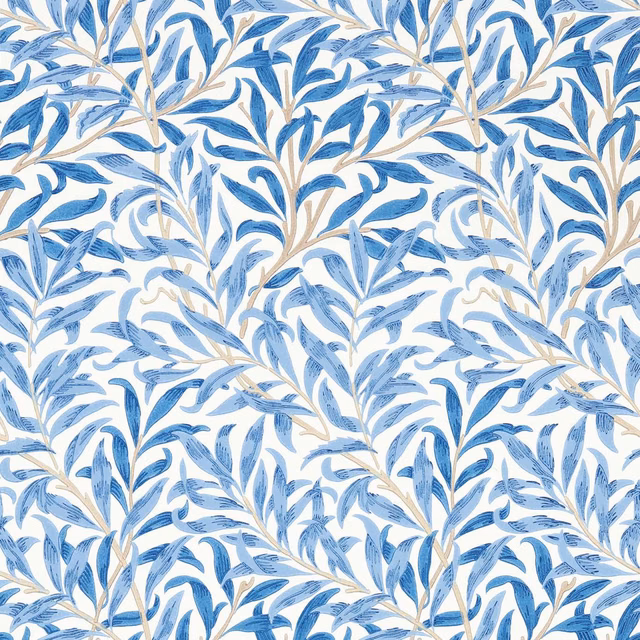 Woad-blue leafy branches with pale blue brush marks on a warm white ground