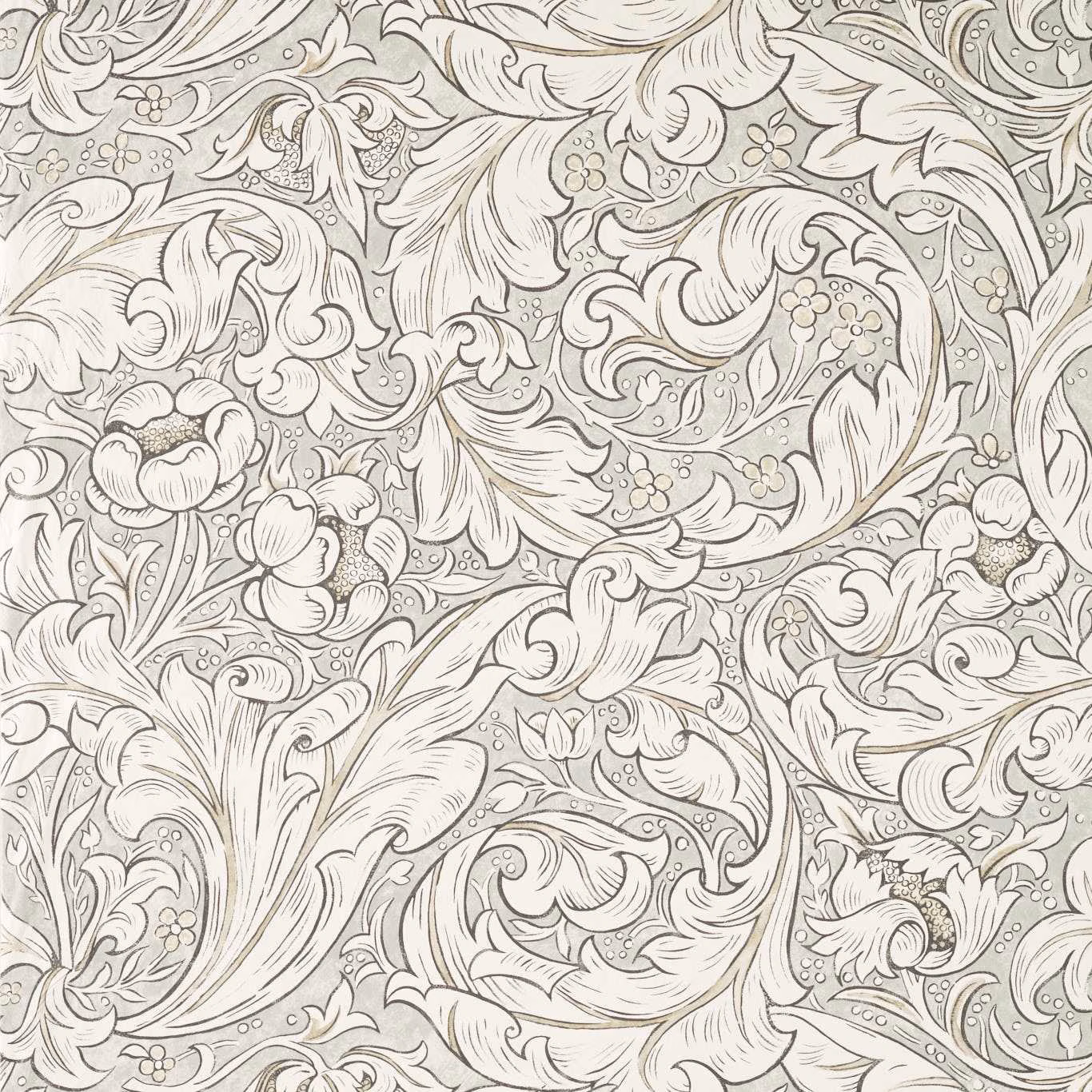 Light grey and linen fabric with dense scrolling foliage, flowers and fine botanical linework