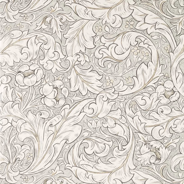 Light grey and linen fabric with dense scrolling foliage, flowers and fine botanical linework