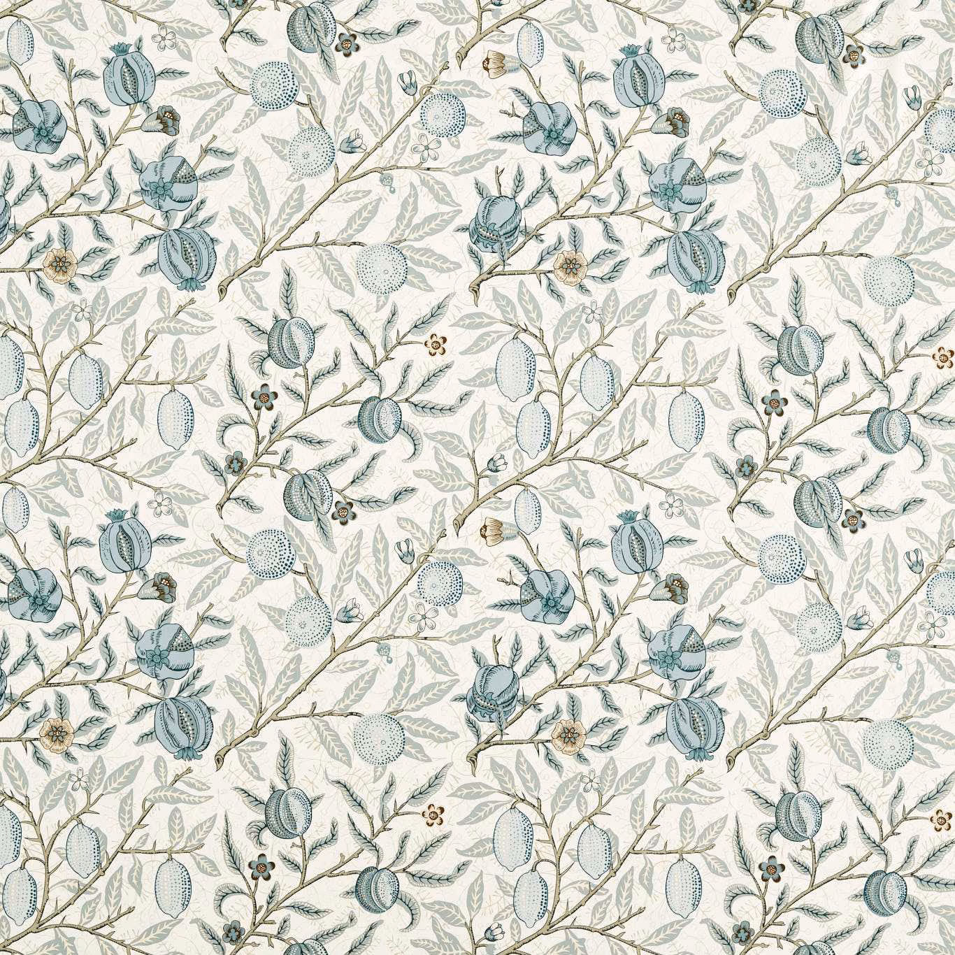 Muted mineral-blue fruit and foliage repeat over a softly cream ground