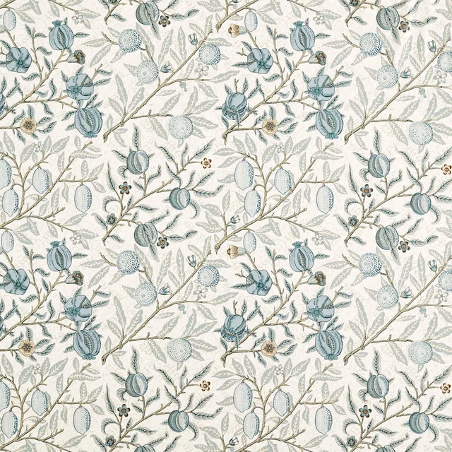Muted mineral-blue fruit and foliage repeat over a softly cream ground