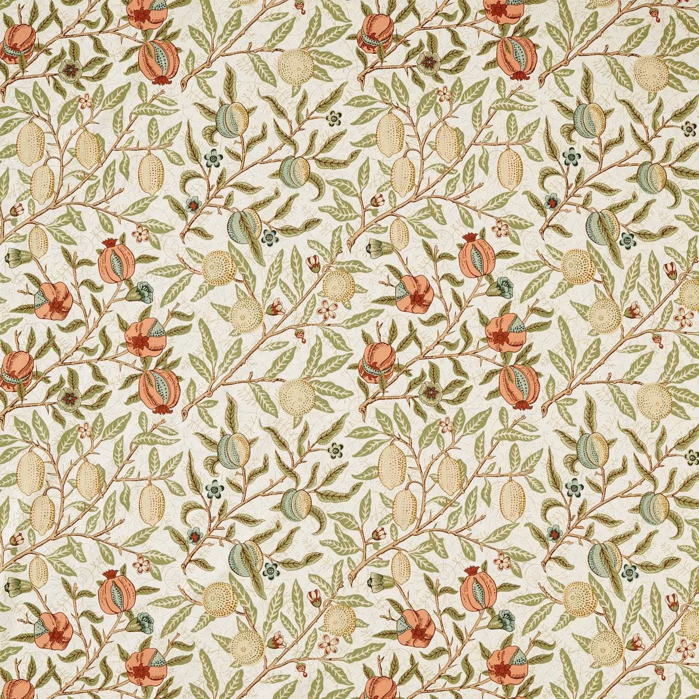 Pear and plaster-pink fruit with sage leaves on a warm ivory ground