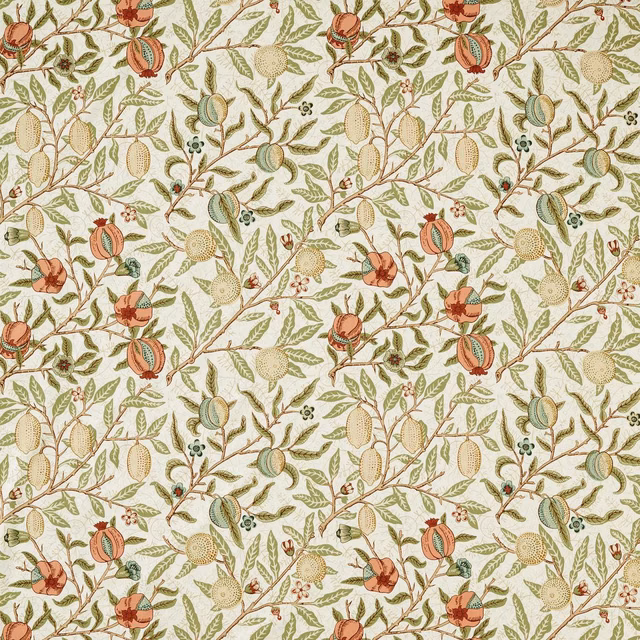 Pear and plaster-pink fruit with sage leaves on a warm ivory ground