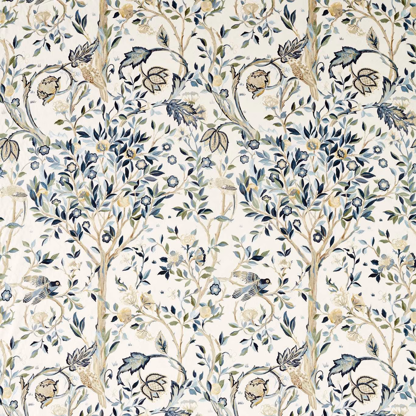 Cream fabric with indigo and sage botanical branches, birds and curling stems