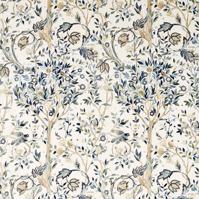Cream fabric with indigo and sage botanical branches, birds and curling stems