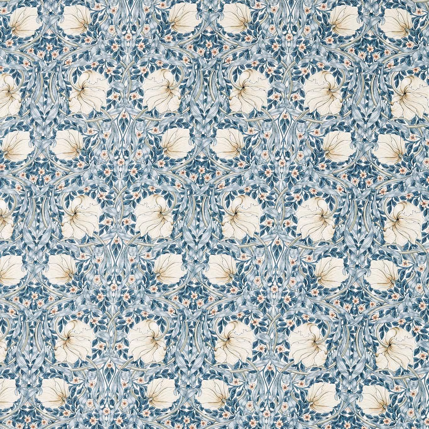 Light blue floral fabric with cream flowers, curling foliage and coral buds