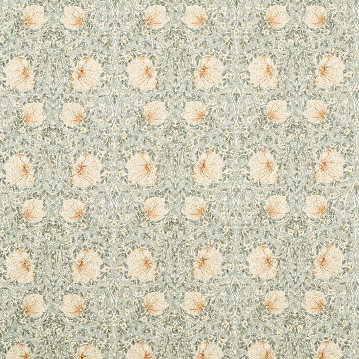 Muted sage floral fabric with caramel flowers and dense scrolling leafy pattern