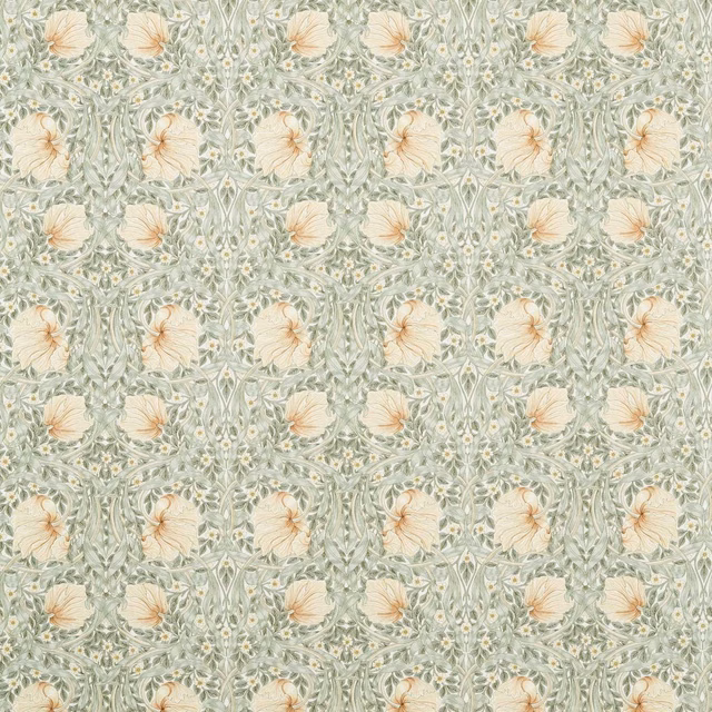 Muted sage floral fabric with caramel flowers and dense scrolling leafy pattern