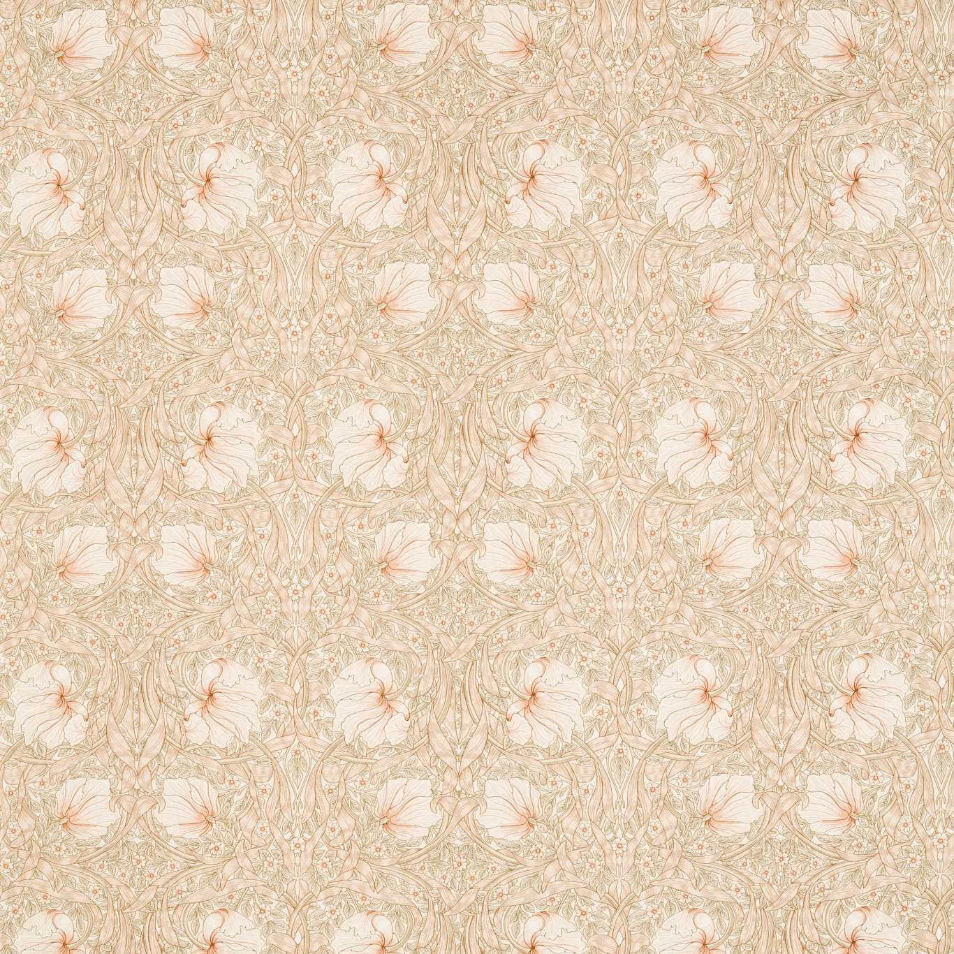 Soft blush fabric with ivory flowers, taupe curling stems and dense floral weave