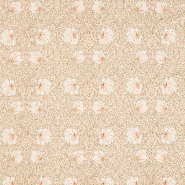 Soft blush fabric with ivory flowers, taupe curling stems and dense floral weave