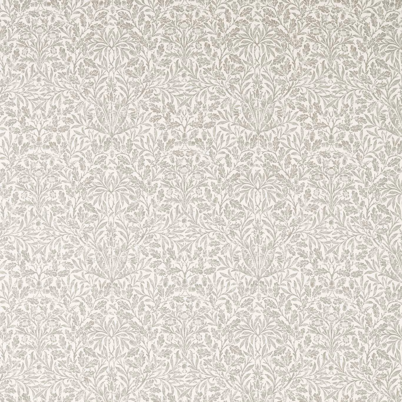 Pale stone-taupe fabric with dense scrolling botanical foliage and fine woven texture