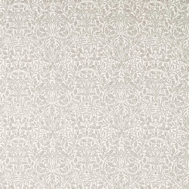 Pale stone-taupe fabric with dense scrolling botanical foliage and fine woven texture