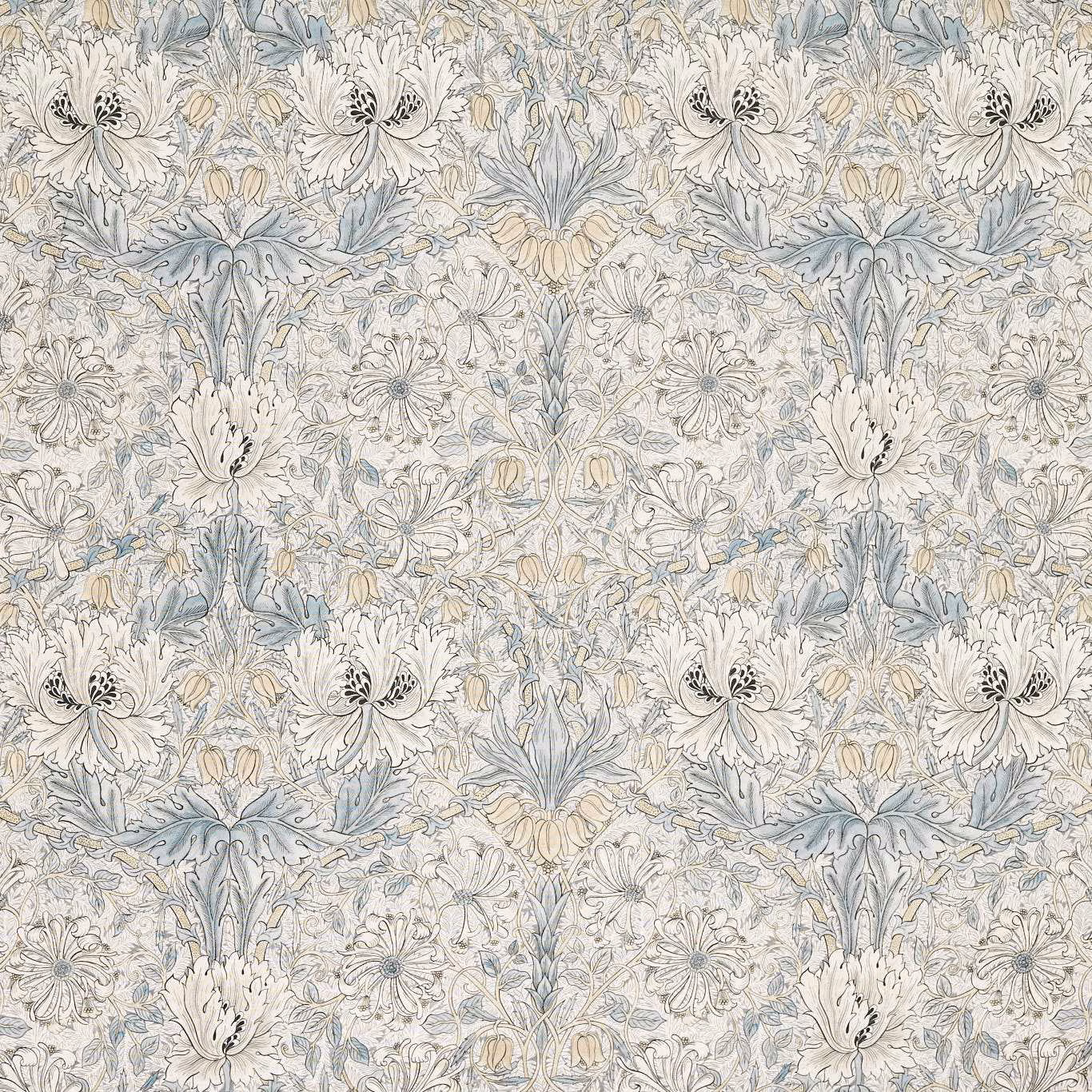 Sheer soft blue and linen fabric with dense hand-drawn honeysuckle and tulip flowers