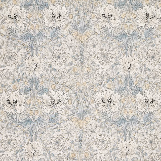 Sheer soft blue and linen fabric with dense hand-drawn honeysuckle and tulip flowers