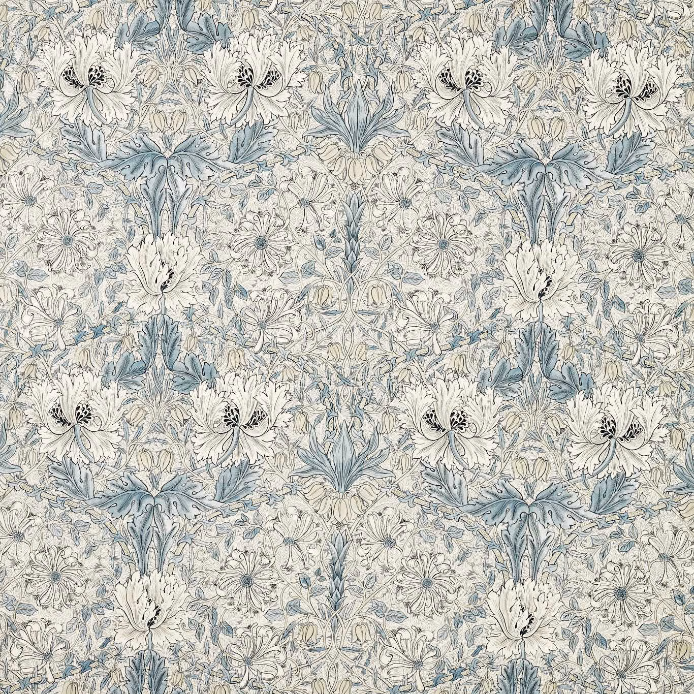 Mineral blue and cream floral fabric with intricate flowers, leaves and fine botanical outlines
