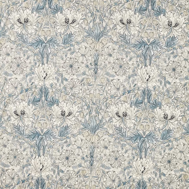 Mineral blue and cream floral fabric with intricate flowers, leaves and fine botanical outlines
