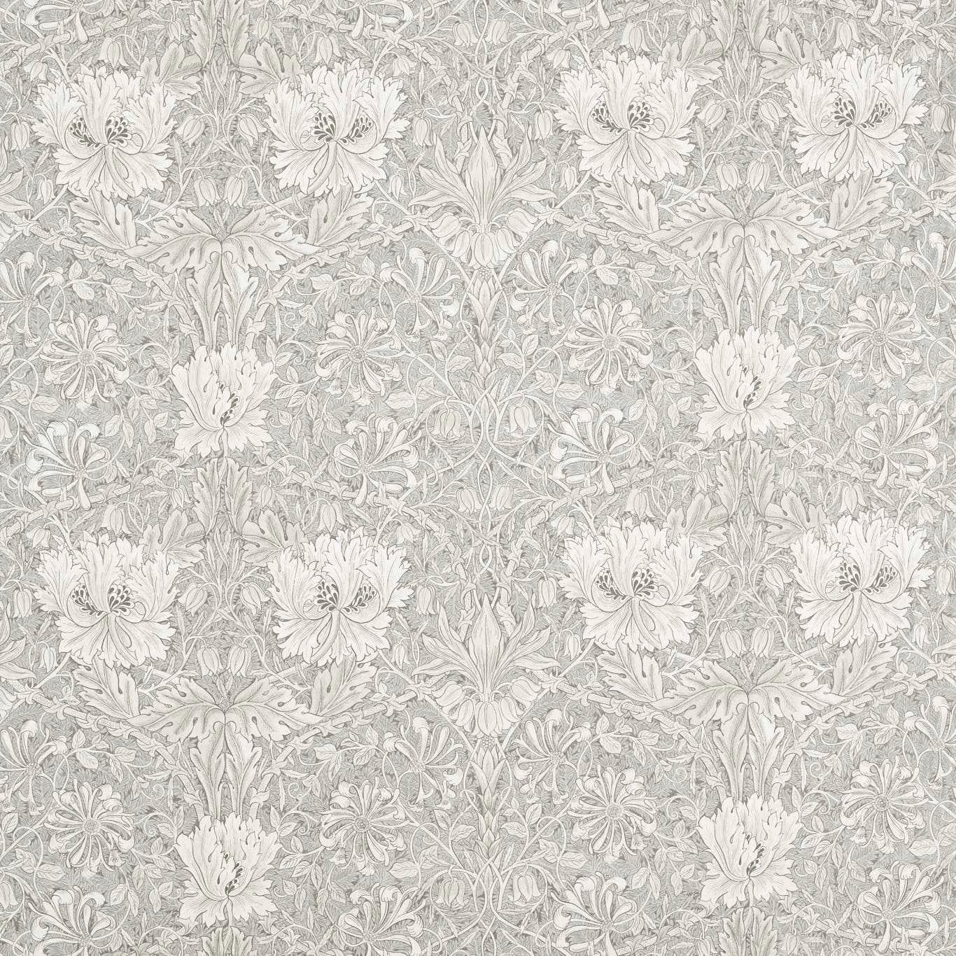 Soft mint-grey floral swatch with ivory blooms and fine grey botanical linework