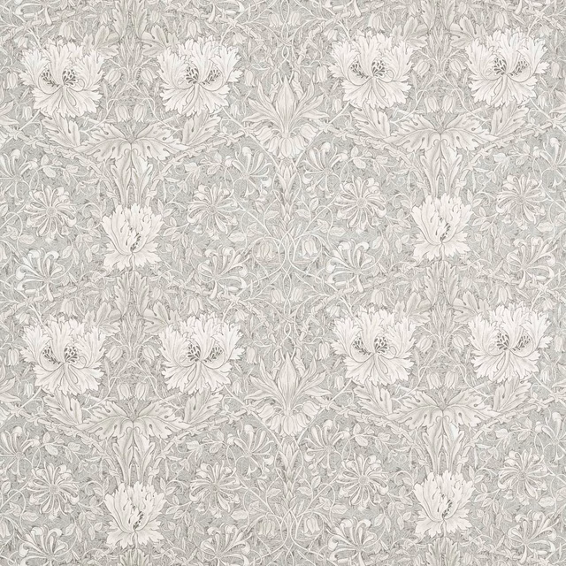 Soft mint-grey floral swatch with ivory blooms and fine grey botanical linework