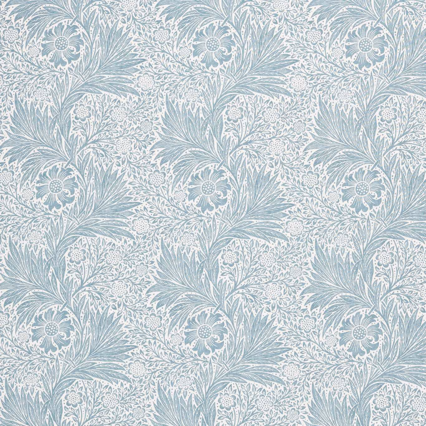 Soft blue sheer with ivory botanical sprays, daisies and feathery leaves