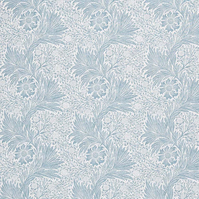 Soft blue sheer with ivory botanical sprays, daisies and feathery leaves