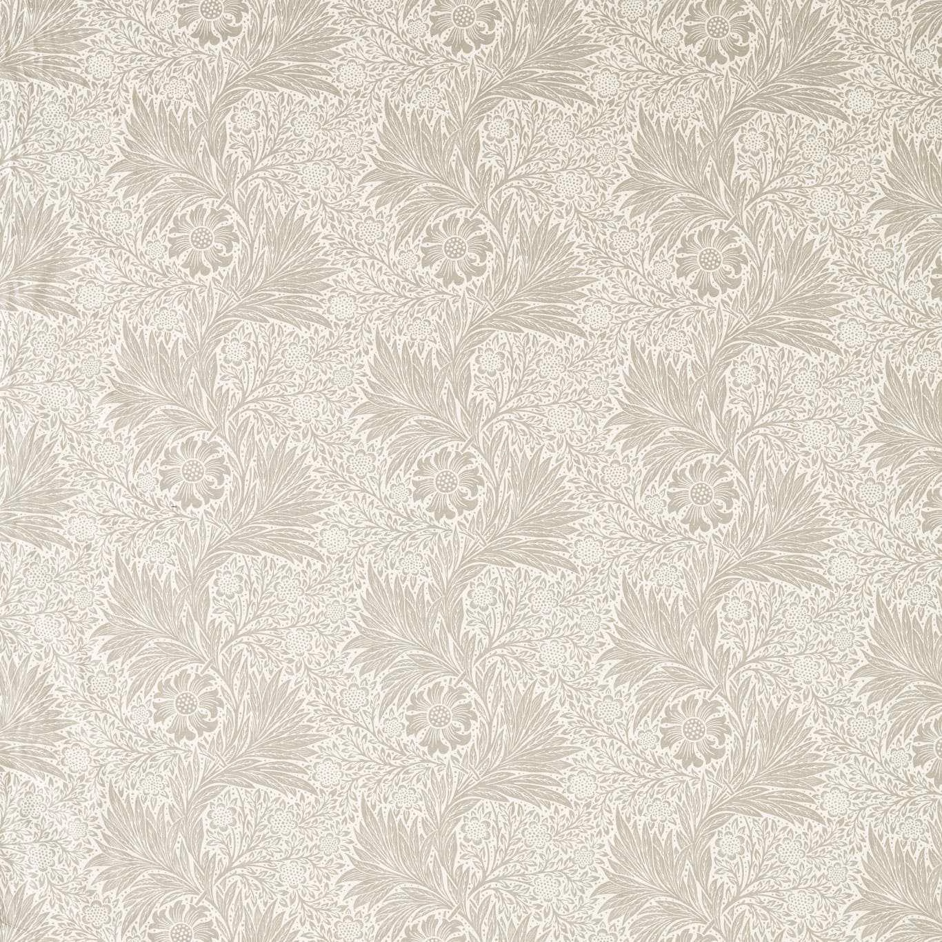 Stone-beige fabric with ivory marigold flowers, curling leaves and fine botanical foliage