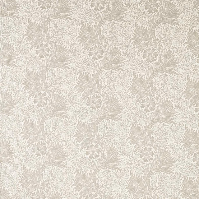 Stone-beige fabric with ivory marigold flowers, curling leaves and fine botanical foliage