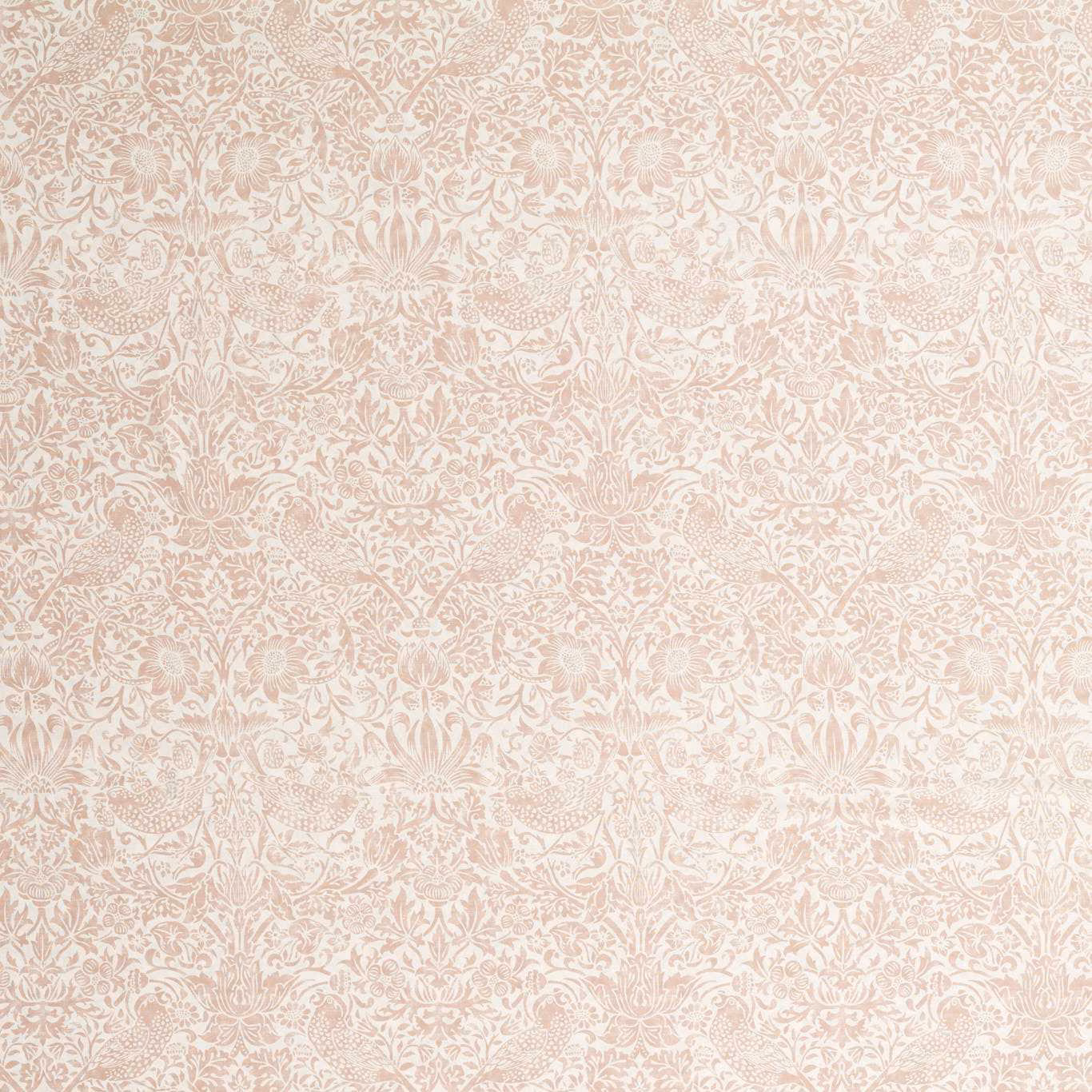Pale blush sheer fabric with dense cream botanical foliage and floral motifs