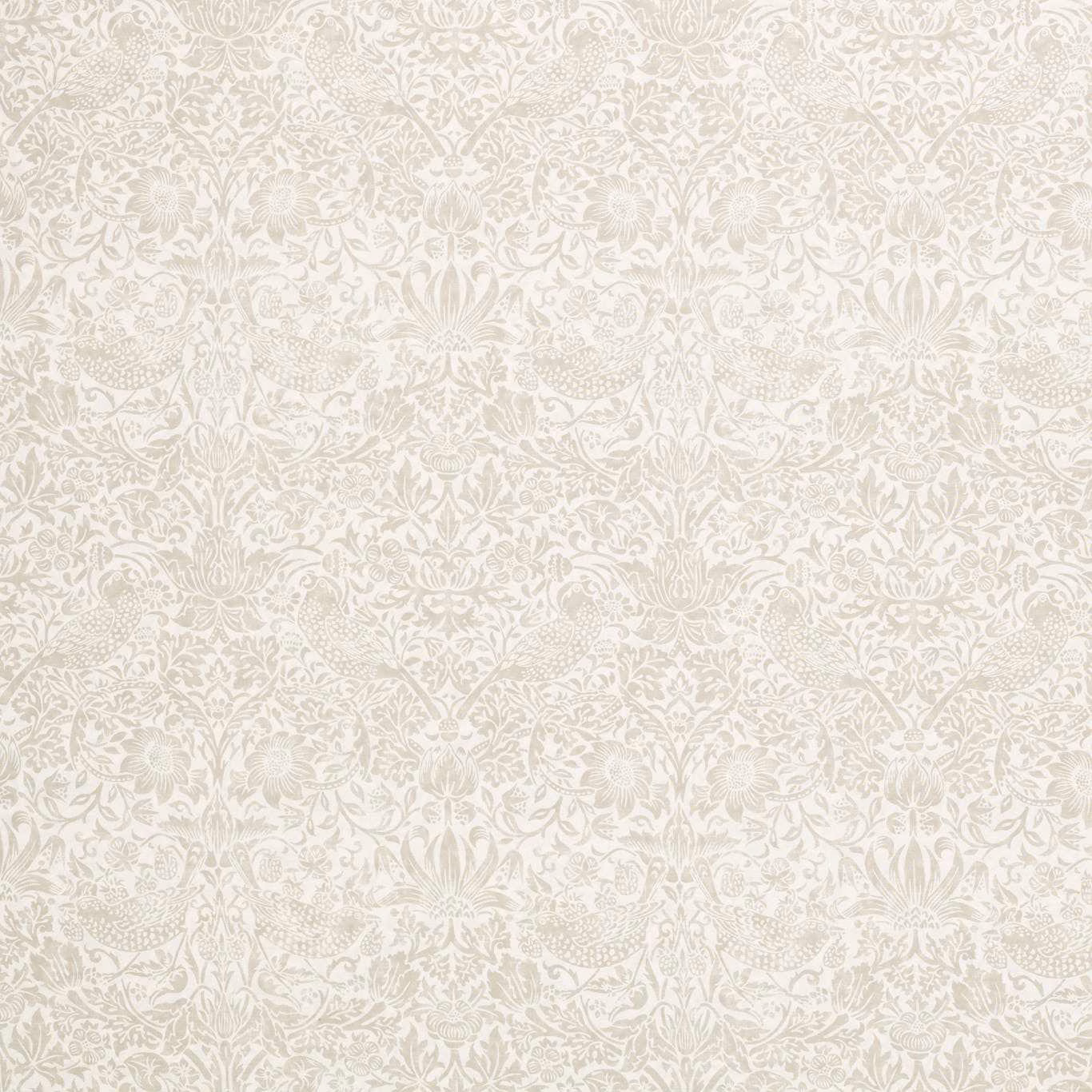 Cream sheer linen with pale taupe birds, foliage and scrolling floral motifs