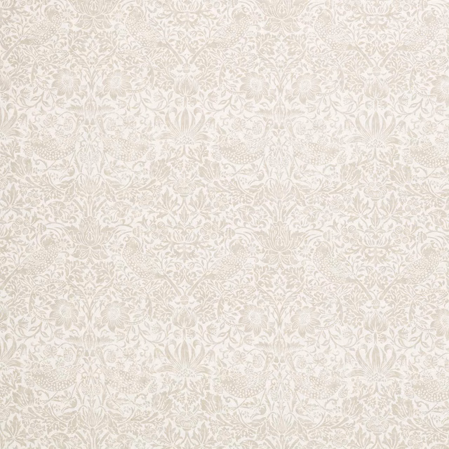 Cream sheer linen with pale taupe birds, foliage and scrolling floral motifs