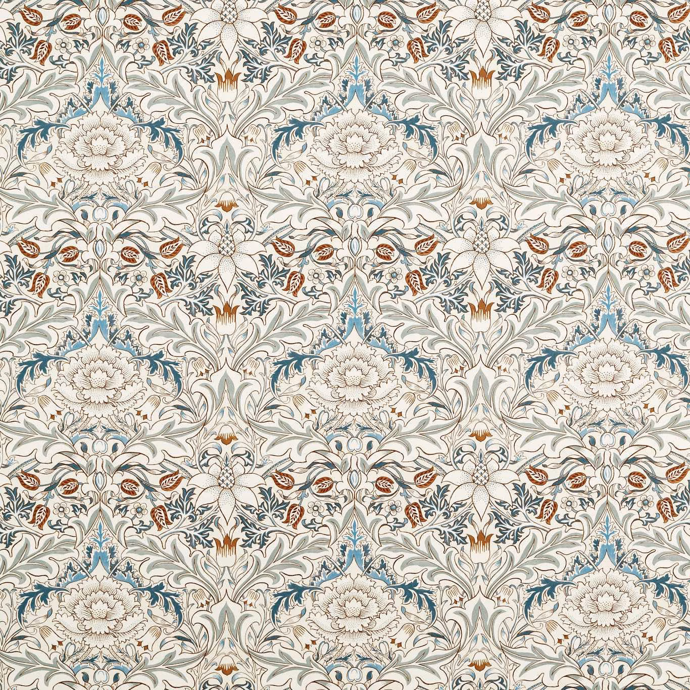 Pale sage and cream botanical repeat with tan, teal and charcoal details