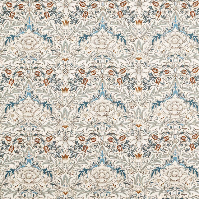 Pale sage and cream botanical repeat with tan, teal and charcoal details