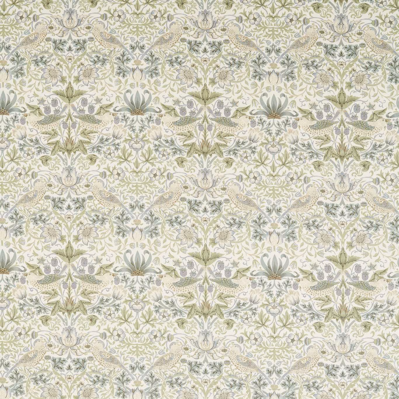 Dense floral fabric with sage foliage, lilac flowers, cream ground and paired birds