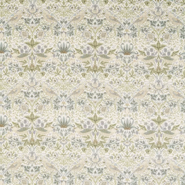 Dense floral fabric with sage foliage, lilac flowers, cream ground and paired birds