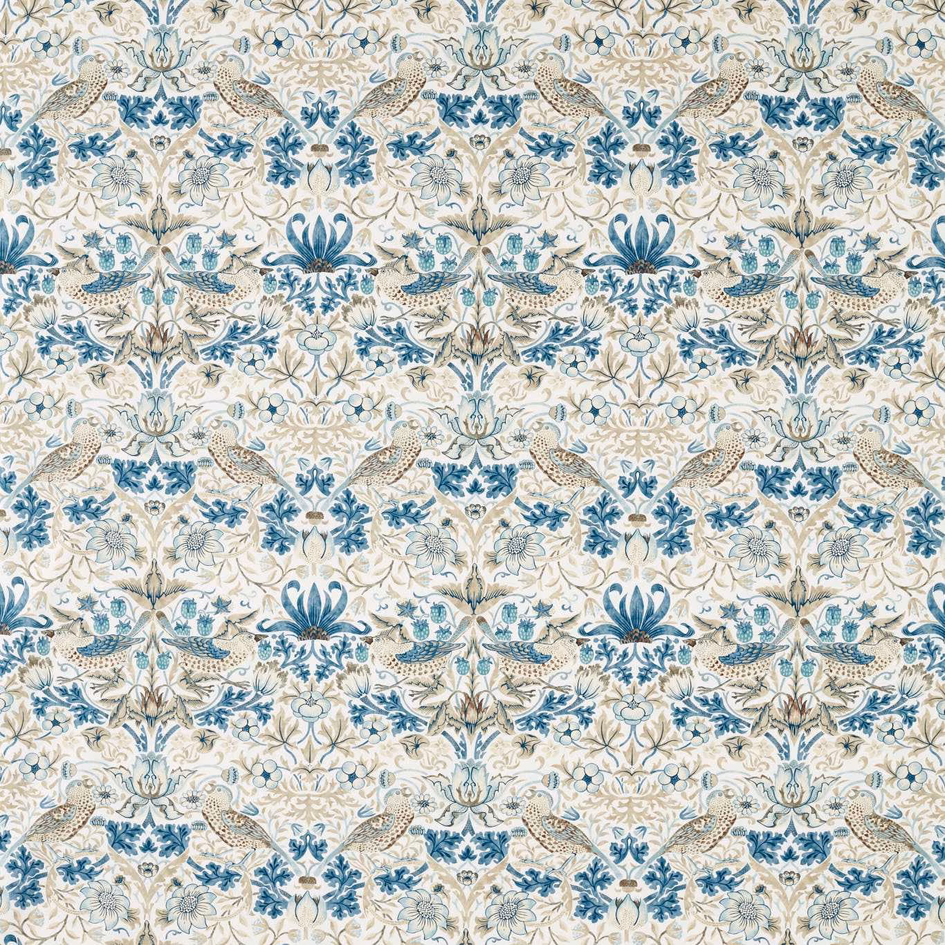 Mineral blue birds and florals in a dense linen-ground Morris & Co. repeat